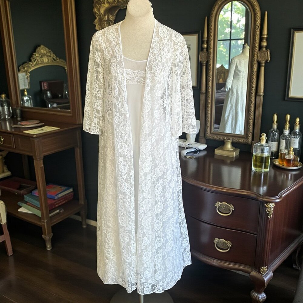 Glydons Vintage 70s White Chiffon Gown And Lace Robe Peignoir Set Wedding